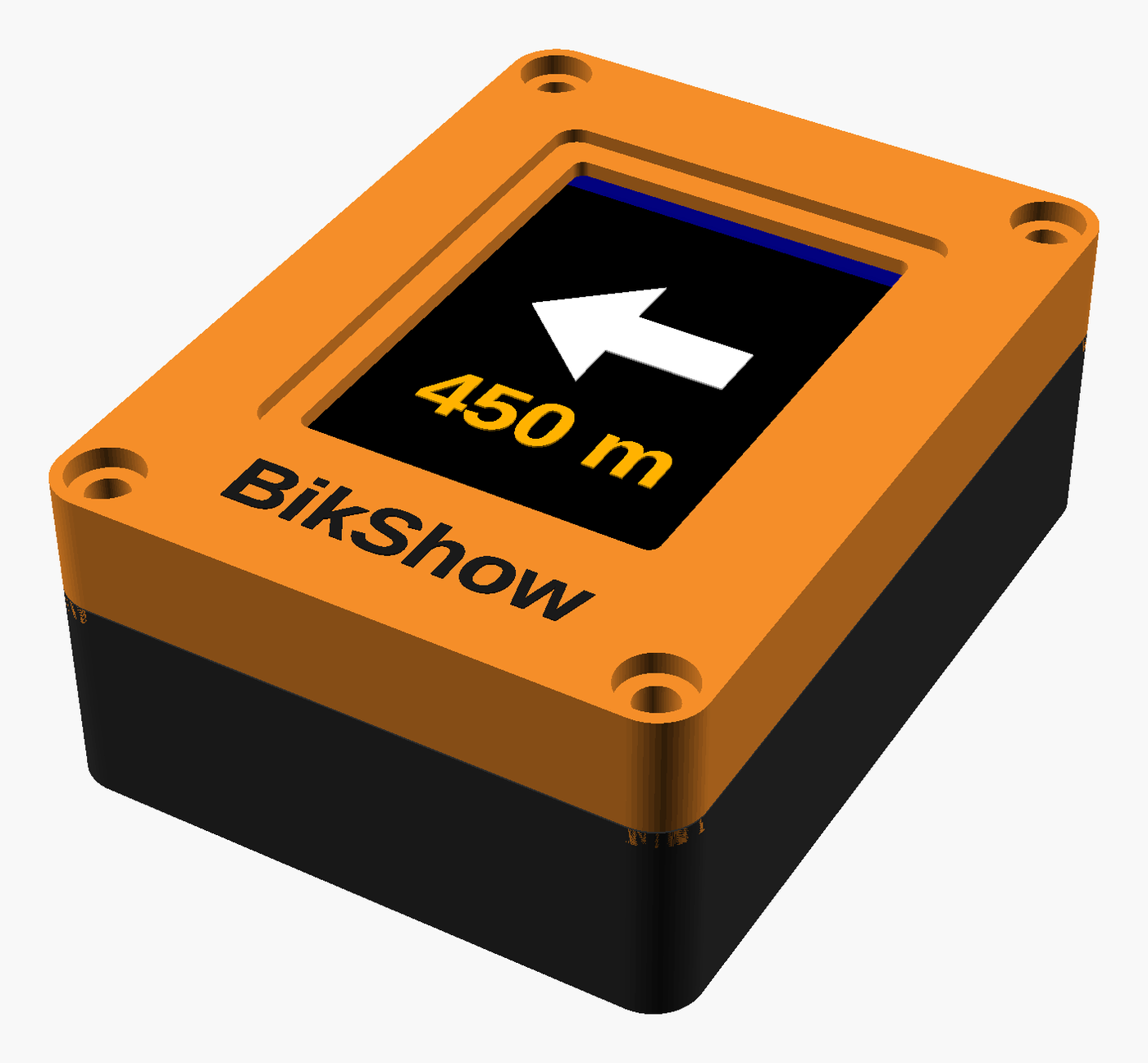 BikShow handlebar display showing a left-turn arrow and 450 m to the turn